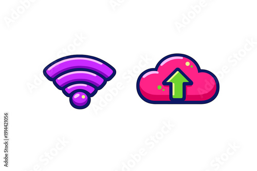 Purple wifi signal icon and pink cloud storage upload icon with green arrow on white background