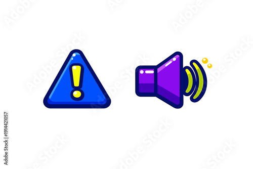 Blue warning triangle with exclamation mark and purple speaker icon with sound waves for game interface design