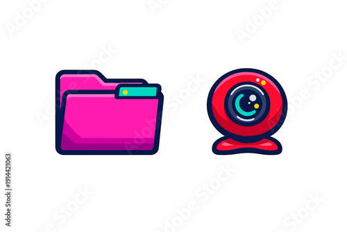 Pink digital folder and red webcam icons for computer interface and video conferencing technology isolated on white background