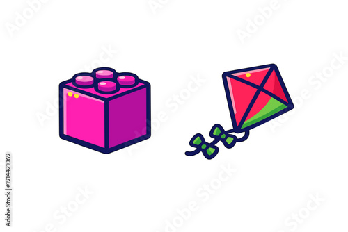 Pink plastic building block and colorful kite toy set isolated on white background for children play and recreation