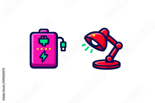 Pink portable power bank with charging cable and red desk lamp with light on white background