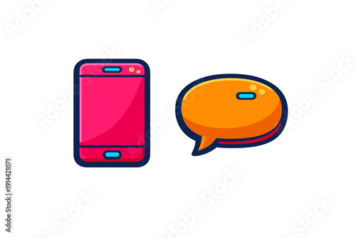 Pink smartphone and orange speech bubble icon set on white background for mobile communication and messaging concepts