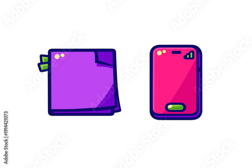 Stylized icons of a purple wallet with cash and a pink smartphone on a white background for mobile payment concepts