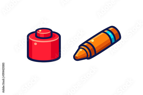 Colorful plastic building block and orange wax crayon isolated on white background for children education and creative play