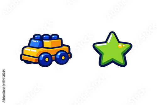 Colorful plastic toy car made of building blocks and a shiny green star icon isolated on white background