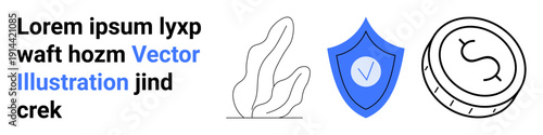 Financial protection, cybersecurity, digital assets, branding, eco-friendly concepts, data security. Blue shield with checkmark, coin and abstract plant. Financial protection and cybersecurity