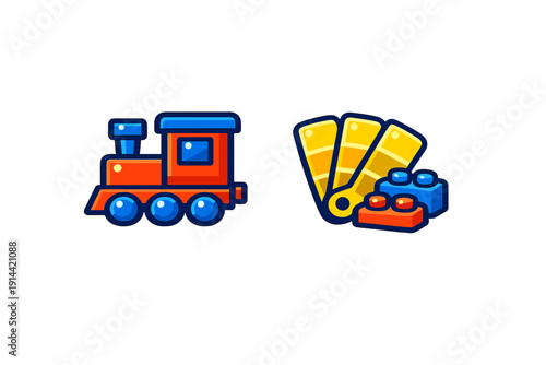 Red and blue toy locomotive icon next to building bricks and yellow color guide swatches
