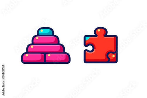 Colorful cartoon icons of a pink block pyramid and a red jigsaw puzzle piece isolated on a white background for game design or business