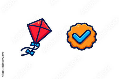 Red diamond kite with blue ribbons and a blue check mark symbol inside an orange badge isolated on white