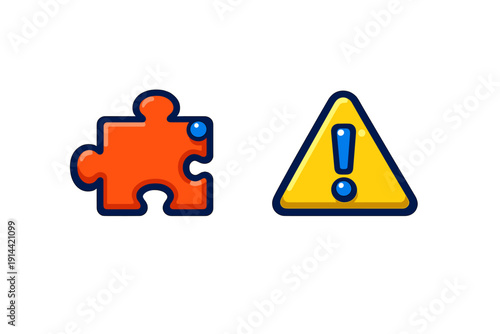Red jigsaw puzzle piece and yellow warning triangle with exclamation mark icon set on white background