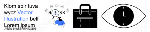 Risk management, business strategy, time management, data analysis, corporate planning, conceptual design. Shows a person assessing risks, a briefcase and an eye-clock symbol. Risk management