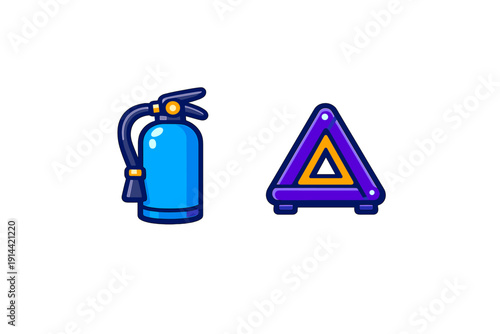 Blue fire extinguisher and purple emergency warning triangle icons isolated on white background for car safety and roadside assistance