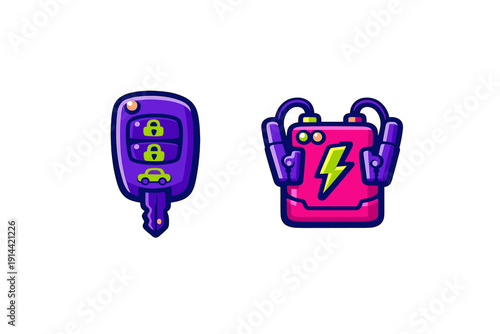 Purple car key fob and pink portable jump starter battery pack with jumper cables isolated on white background