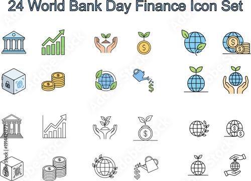 Professional vector icon set combining banking, finance, and sustainability concepts. Suitable for corporate presentations, financial reports, ESG content, fintech apps, websites, and global economic