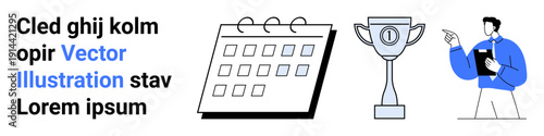 Business management, goal monitoring, event planning, achievement recognition, leadership coaching, corporate strategy. Calendar, trophy and presenter figure with clipboard. Business planning