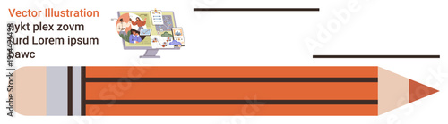 Creativity, education, writing, design, digital content, branding. A pencil and monitor with graphics. Creativity and education for content creation and design communication