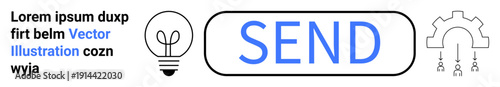 Innovation, communication, technology, teamwork, digital transformation, process automation. ion of a light bulb, SEND button and gear symbol in black and blue. Innovation and communication concept