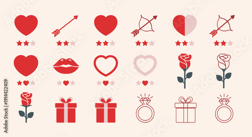 Valentines Day Icons Hearts Roses Gifts.