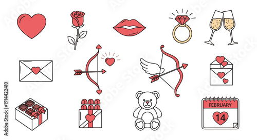 Valentines Day Icons with Heart and Cupid.