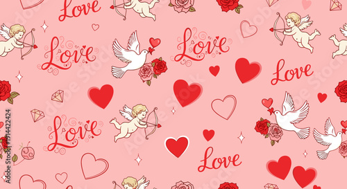 Valentines Day Pattern with Hearts and Doves.