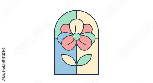 Stylized Flower with Leaves in Arched Frame, Colorful Stained Glass Effect, Light Background
