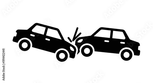 Car Accident Collision Icon, Two Vehicles Crashing, Black Silhouette, Isolated White Background
