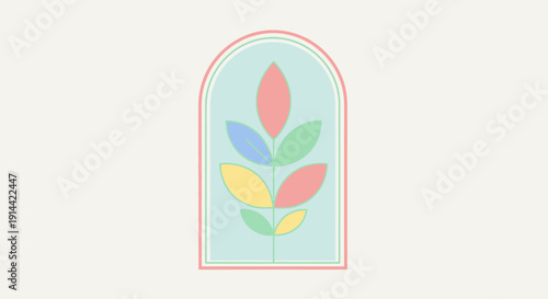 Minimalist Abstract Botanical Leaf Design in Arched Frame, Serene Pastel Colors, Light Background