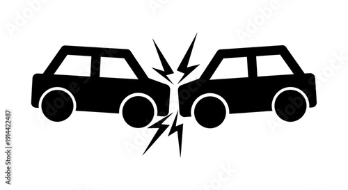 Icon of two black cars in a severe head-on car crash, isolated white background.