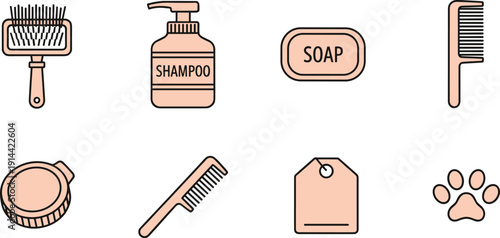 Pet grooming and hygiene icons set, flat vector illustrations with shampoo bottles, soap bar, hair brushes, combs and paw print symbols isolated on white background.
