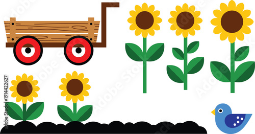 Sunflowers and garden wagon set, colorful vector illustrations with blooming sunflowers, wooden cart, little blue bird and garden soil isolated on white background.