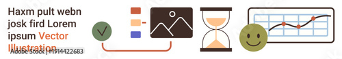 Productivity, analytics, data management, user experience, workflow organization, goal tracking. A mix of icons including charts, hourglass and checklist. Analytics and productivity concept