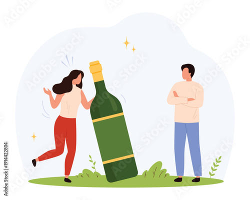Woman interacting with a giant bottle cocept, symbolizing alcohol addiction challenges and support, isolated on white background vector illustration