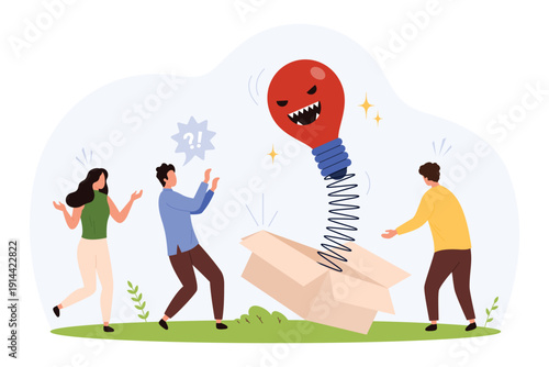 Three people surprised by a red evil lightbulb with sharp teeth springing from a box, symbolizing a risky or bad idea, flat cartoon style isolated vector illustration