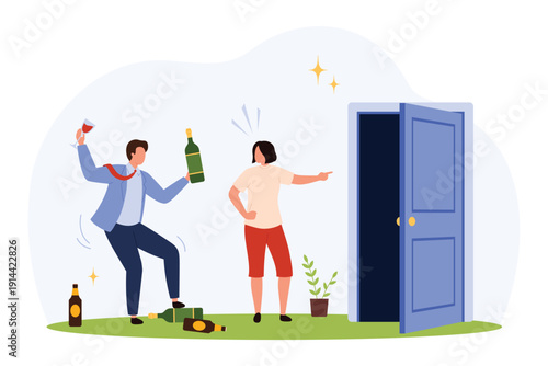 Man with alcohol bottles confronted by woman near open door, highlighting addiction issues and relationship impact, isolated on white background vector illustration