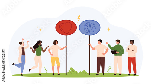 People choosing between heart emotions and logical brain thinking, concept of decision making, emotional intelligence, teamwork and psychology, isolated on white background vector illustration