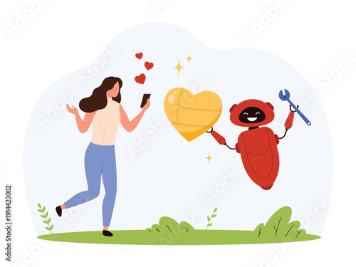 Woman chatting on smartphone with friendly AI robot holding golden heart, concept of emotional chatbot, online support, digital relationship, people chat bot vector illustration