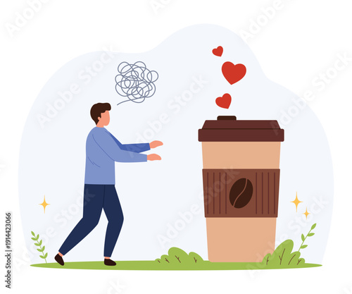 Man reaching for giant coffee cup with hearts, symbolizing coffee addiction and love for caffeine, isolated on white background vector illustration