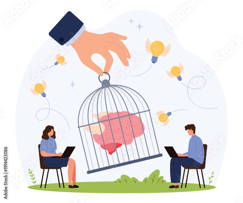 Creativity restrictions and pressure concept, featuring a brain in a cage and people working, isolated on white background vector illustration.