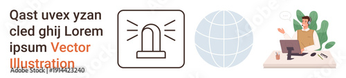Online work, communication, technology, global connectivity, emergency alert, information systems. Emergency alert icon, a globe and a person using a laptop. Communication and technology concepts