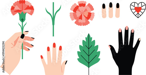 Carnation flowers and manicure beauty icons set, vector illustrations with female hands, floral stems, heart diamond and painted nails isolated on white background.
