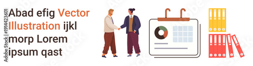 Teamwork, business planning, scheduling, collaboration, office organization, project management. Two people shaking hands, calendar graph and file folders. Teamwork and business planning concept