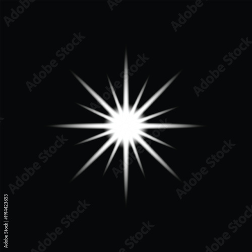Glowing white star sparkle or lens flare effect on black background, radiant light burst vector illustration
