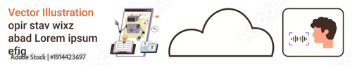 Cloud storage, technology integration, data management, digital communication, audio recognition, online platforms. Central cloud icon connecting digital elements. Cloud storage and technology