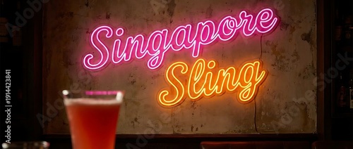 Pink and Orange Neon Singapore Sling Sign in Cocktail Bar
