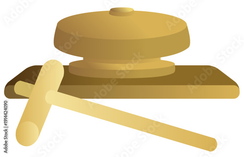 ボクシングやプロレス等の格闘技でよく使われる銅や鉄で作られたゴングとハンマーを金色中心でグラデーション効果も付けてデザインしたイラストのグラフィックの素材