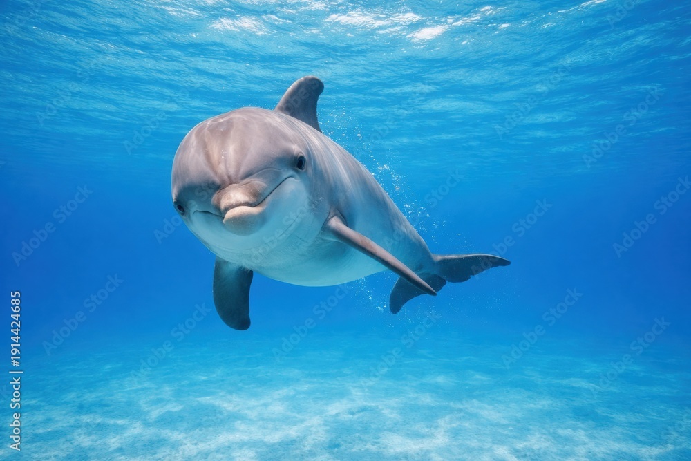 Obraz premium Dolphin Swims in Clear Blue Water Showcasing Its Playful Nature in an Underwater Scene Captured at Midday in a Tropical Location
