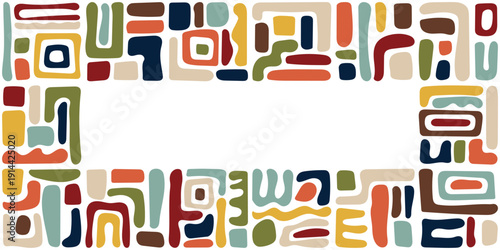 Fröhliches Banner in buntem Retro-Design. Freier Platz für Text. Vorlage für Einladungen, Grußkarten, Social Media Posts und Werbung.