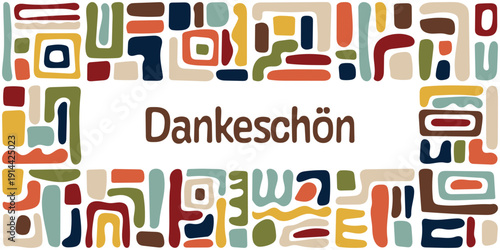 Dankeschön - Schriftzug in deutscher Sprache. Fröhliche Grußkarte in buntem Retro-Design.