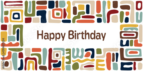 Happy Birthday - Schriftzug in englischer Sprache - Alles Gute zum Geburtstag. Fröhliche Grußkarte in buntem Retro-Design.