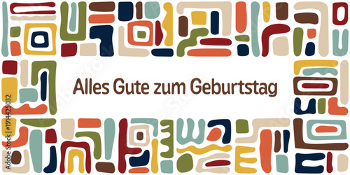 Alles Gute zum Geburtstag - Schriftzug in deutscher Sprache. Fröhliche Grußkarte in buntem Retro-Design.